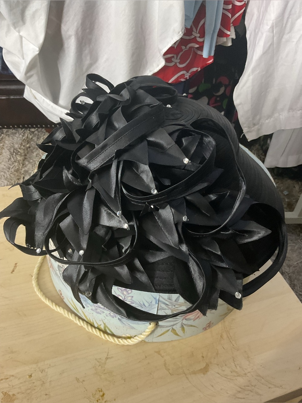 BEN MARC INTERNATIONAL Satin Floral Cocktail Hat with Rhinestone Accents